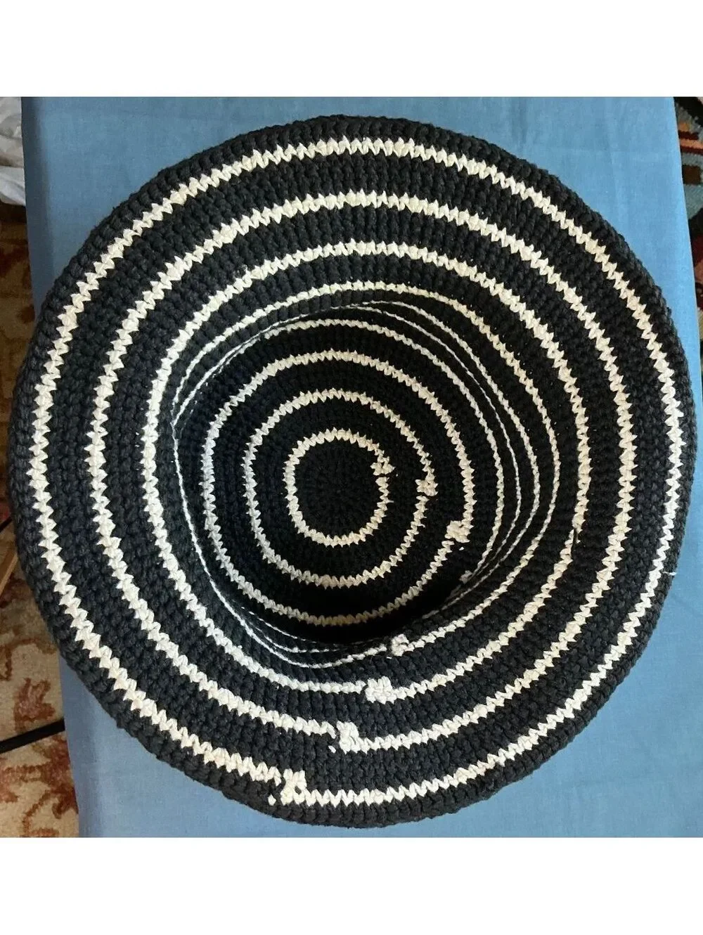 Crocheted Cotton Bucket Hat Black and White Striped 90's Sun Hat